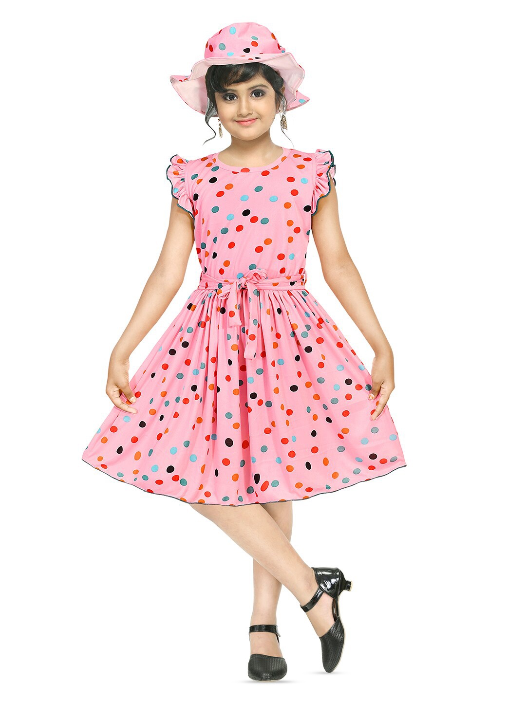 

BAESD Girls Polka Dots Printed Flutter Sleeves Tie-Ups Cotton Fit & Flare Dress, Pink