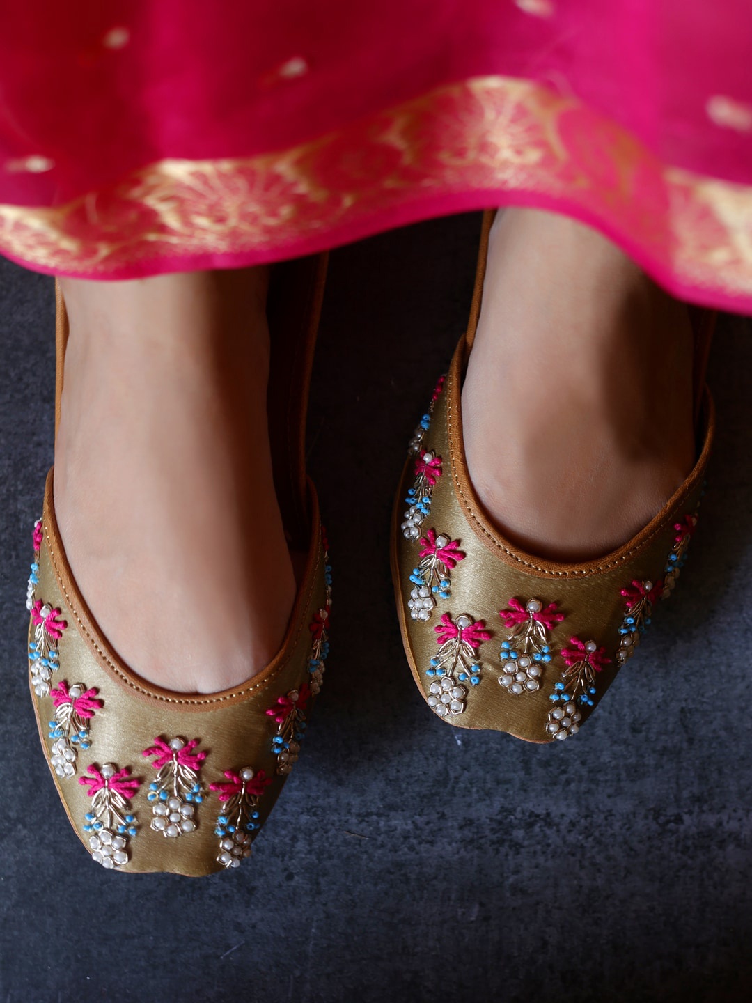 

Sole Saga Ethnic Embellished Square Toe Leather Mojaris, Gold