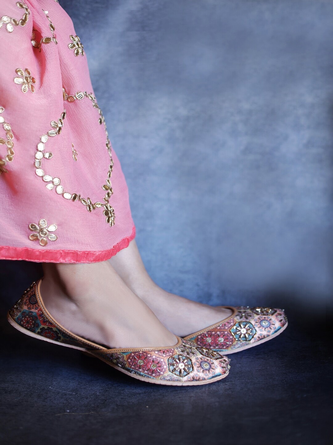 

Sole Saga Ethnic Printed Embellished Square Toe Leather Mojaris, Pink