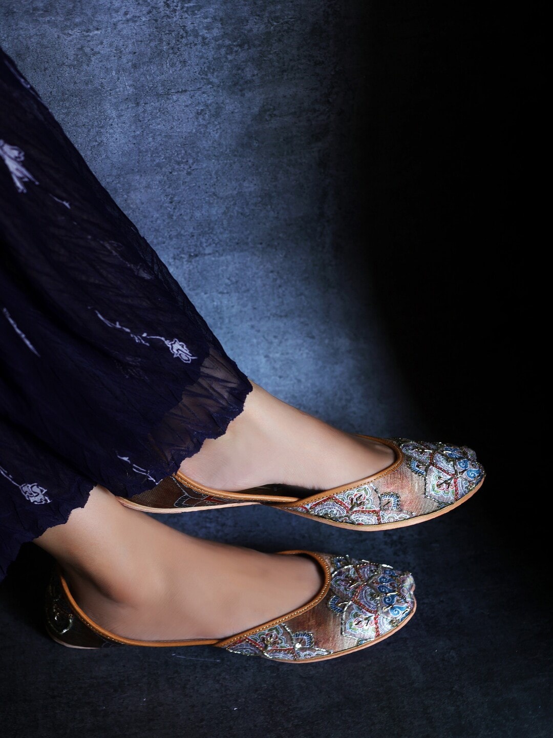 

Sole Saga Ethnic Embellished Square Toe Leather Mojaris, Brown