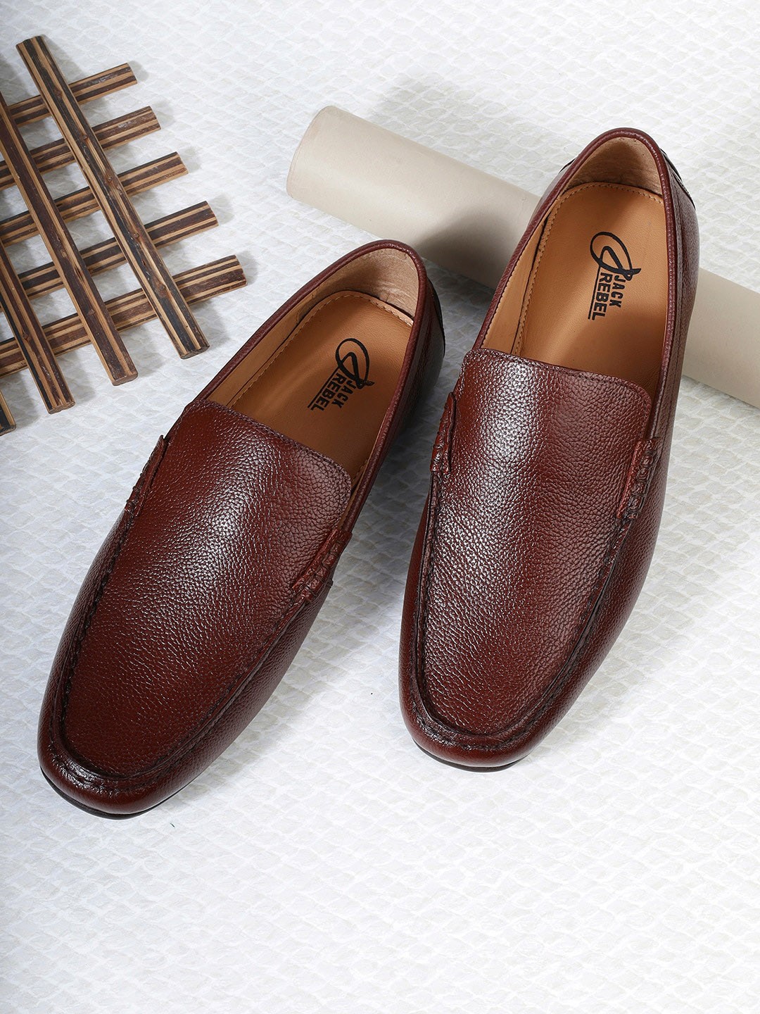 

Jack Rebel Men Textured Leather Loafers, Tan