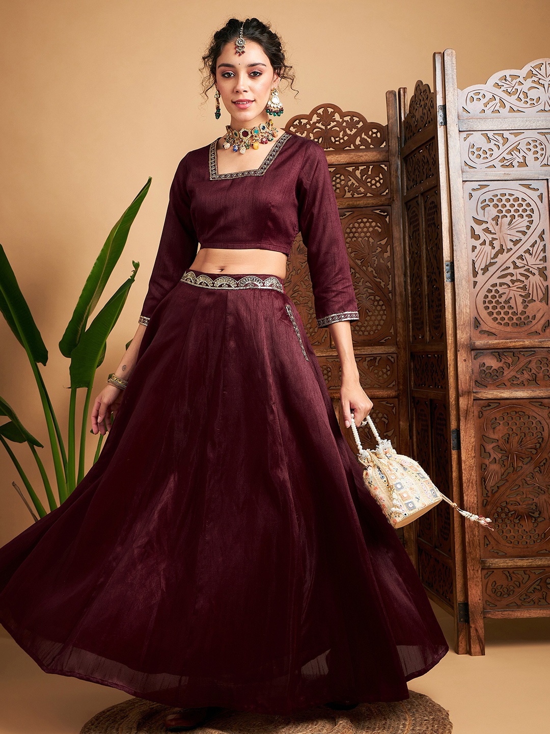 

Shae by SASSAFRAS Square Neck Ready To Wear Lehenga & Blouse, Maroon