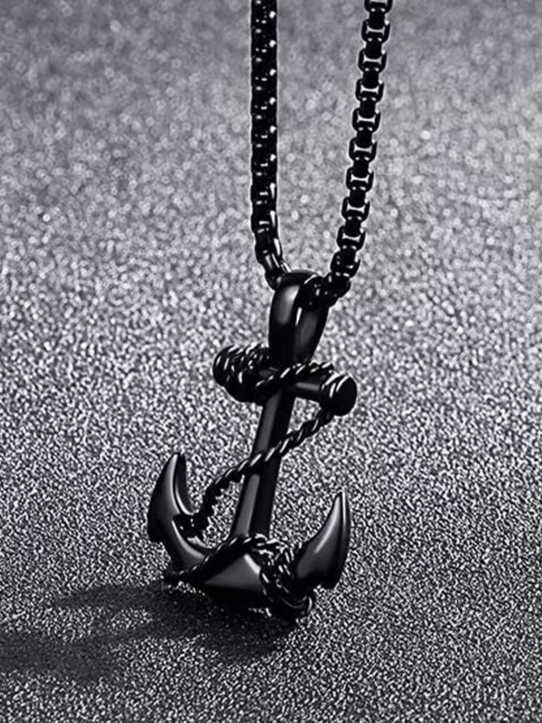 

MEENAZ Textured Stainless Steel Anchor-Charm Pendant With Chain, Black