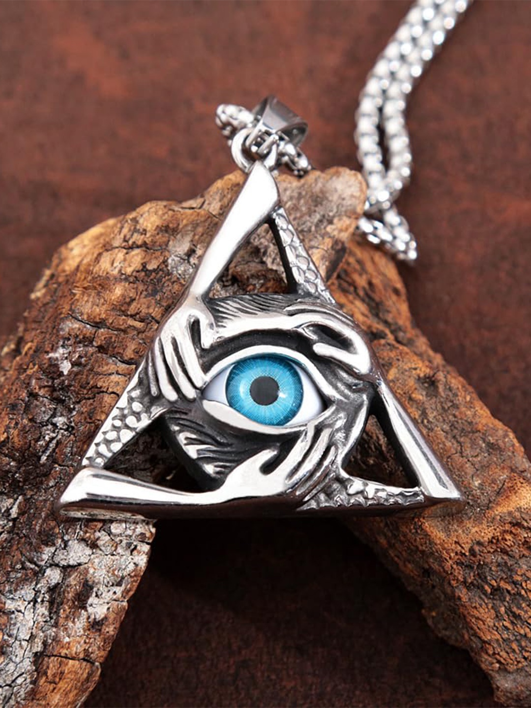 

MEENAZ Stainless Steel Silver-Plated Evil Eye-Shaped Oxidised Pendants With Chains