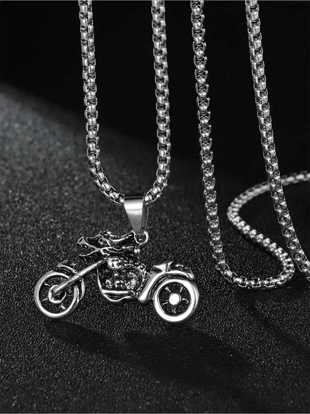 

MEENAZ Stainless Steel Silver-Plated Bike-Shaped Oxidised Pendants With Chains