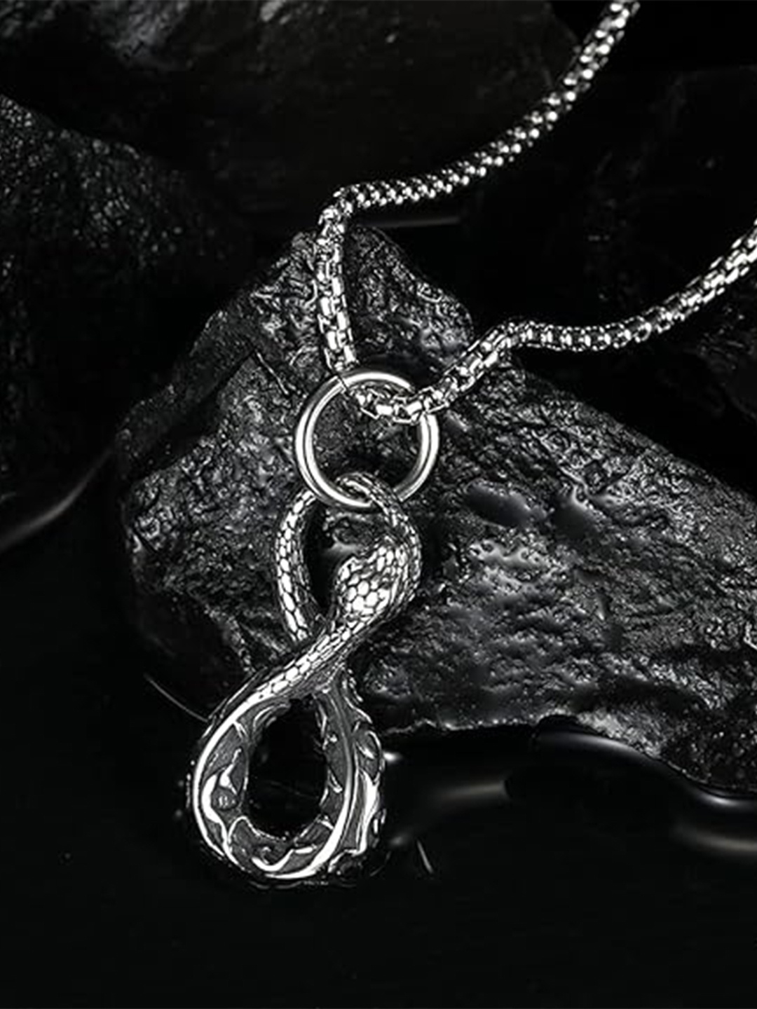 

MEENAZ Silver-Plated Oxidised Snake Shaped-Charm Pendant With Chain