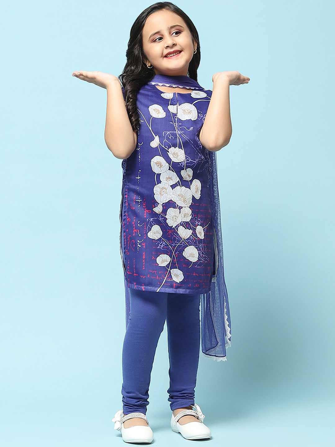 

Biba Girls Floral Printed Straight Kurta with Churidar & With Dupatta, Blue