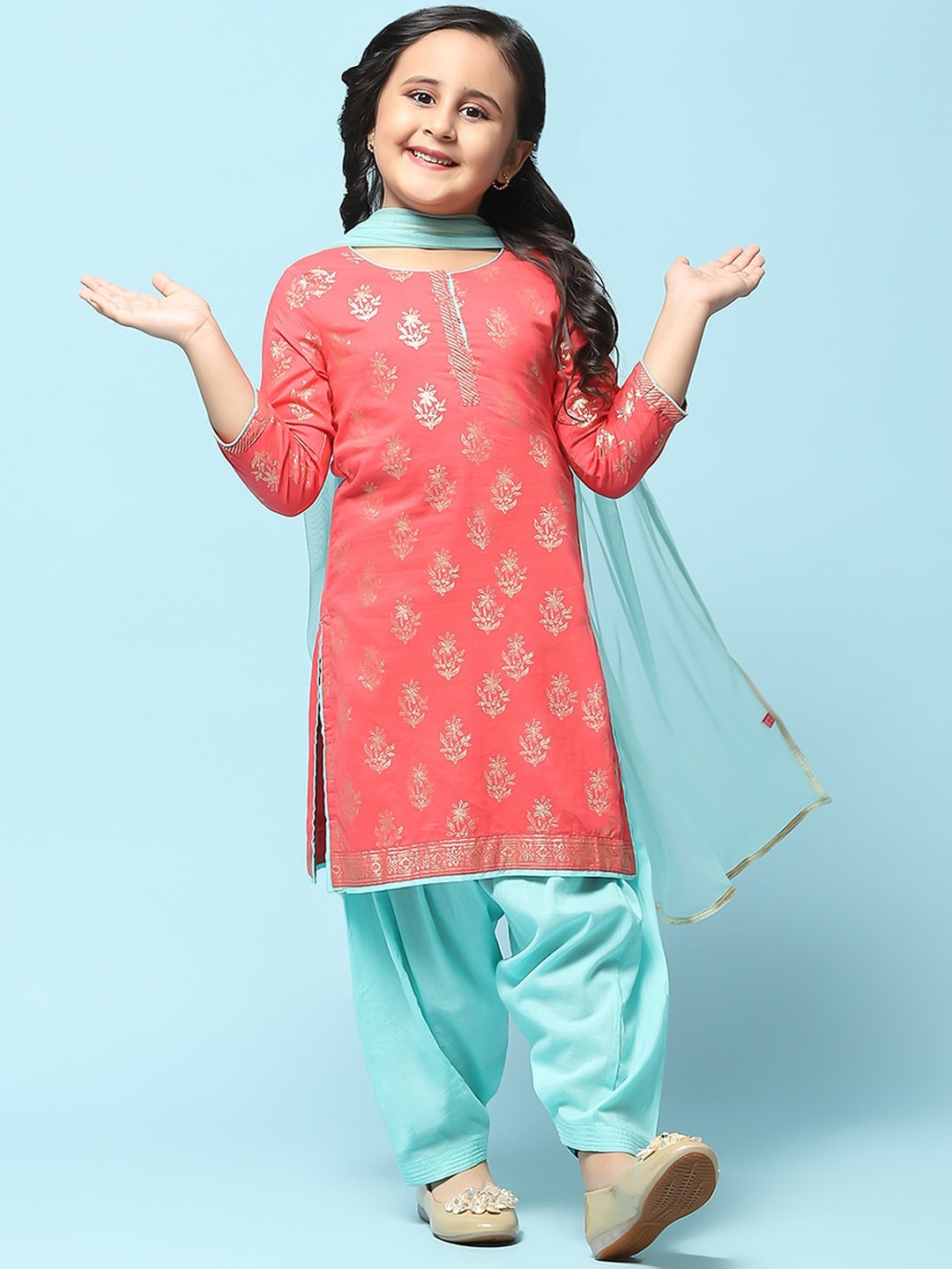 

Biba Girls Ethnic Motifs Printed Pure Cotton Kurta With Salwar & Dupatta, Fuchsia