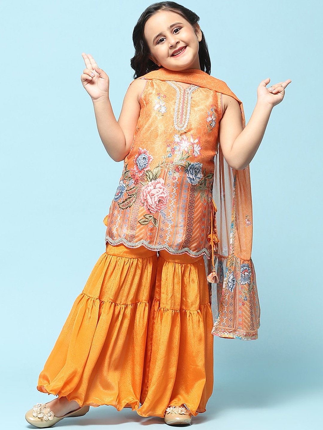 

Biba Girls Floral Printed Gotta Patti Kurta with Sharara & Dupatta, Orange
