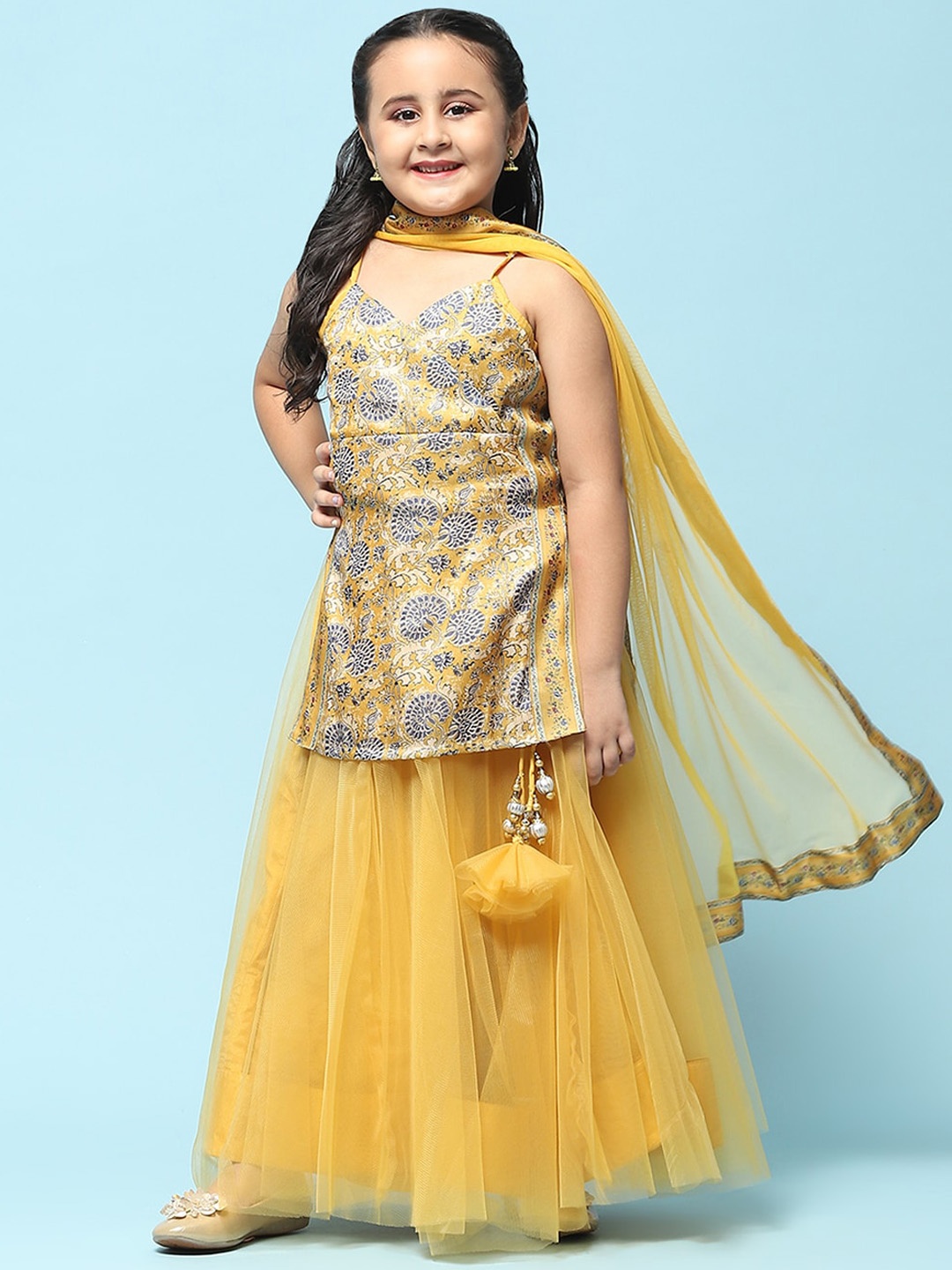 

Biba Girls Floral Printed Shoulder Straps Kurta with Skirt & Dupatta, Yellow