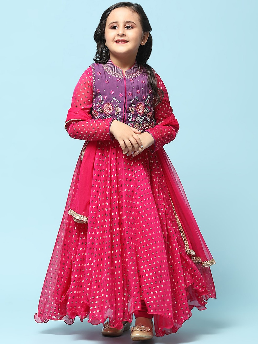 

Biba Girls Floral Embroidered Pure Cotton Anarkali Kurta With Churidar & Dupatta, Magenta