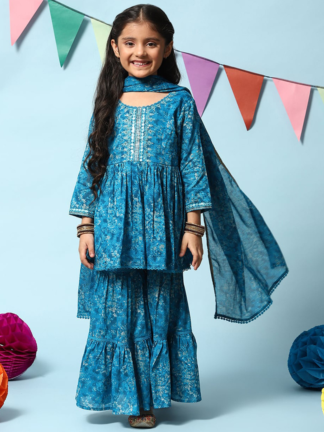 

Biba Girls Floral Printed A-Line Pleated Pure Cotton Kurta With Sharara & Dupatta, Teal