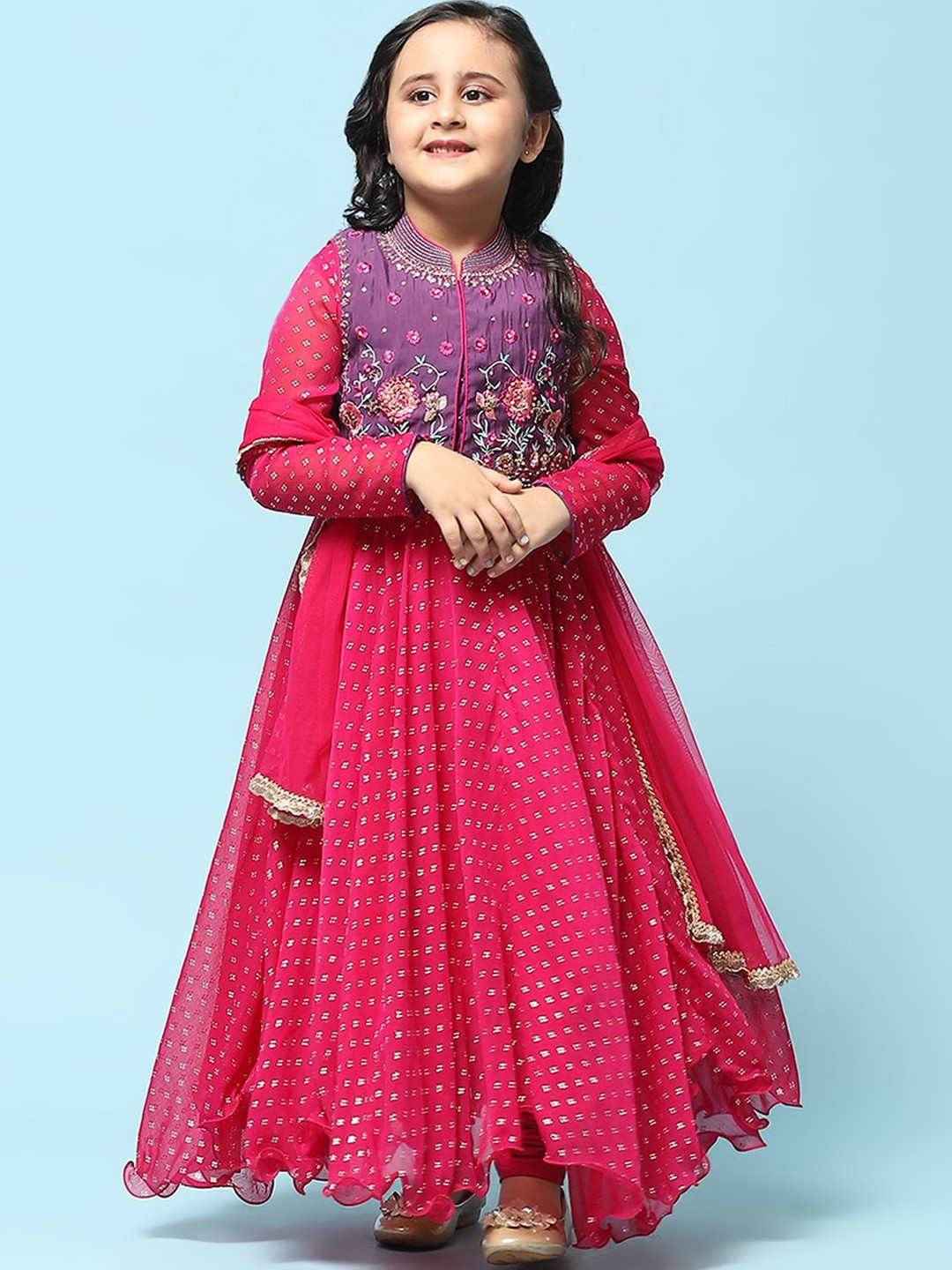 

Biba Girls Floral Embroidered Pure Cotton Anarkali Kurta With Churidar & Dupatta, Magenta