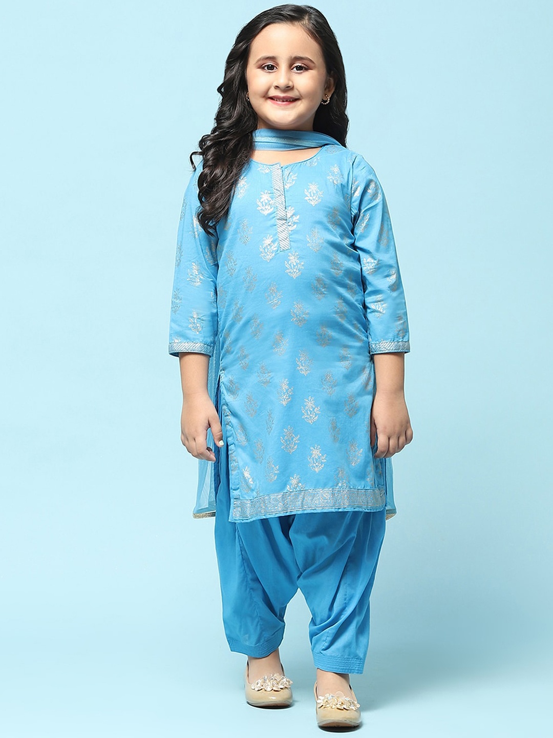 

Biba Girls Floral Printed Pure Cotton Kurta With Salwar & Dupatta, Blue
