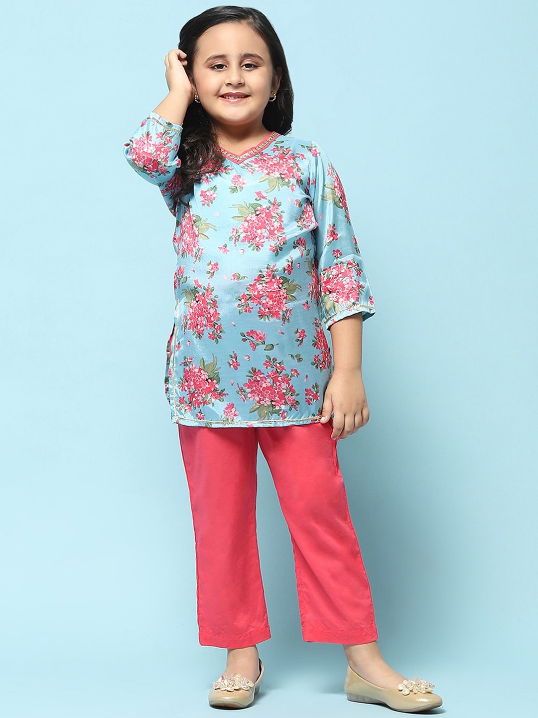 

Biba Girls Floral Printed Kurta with Trousers, Blue