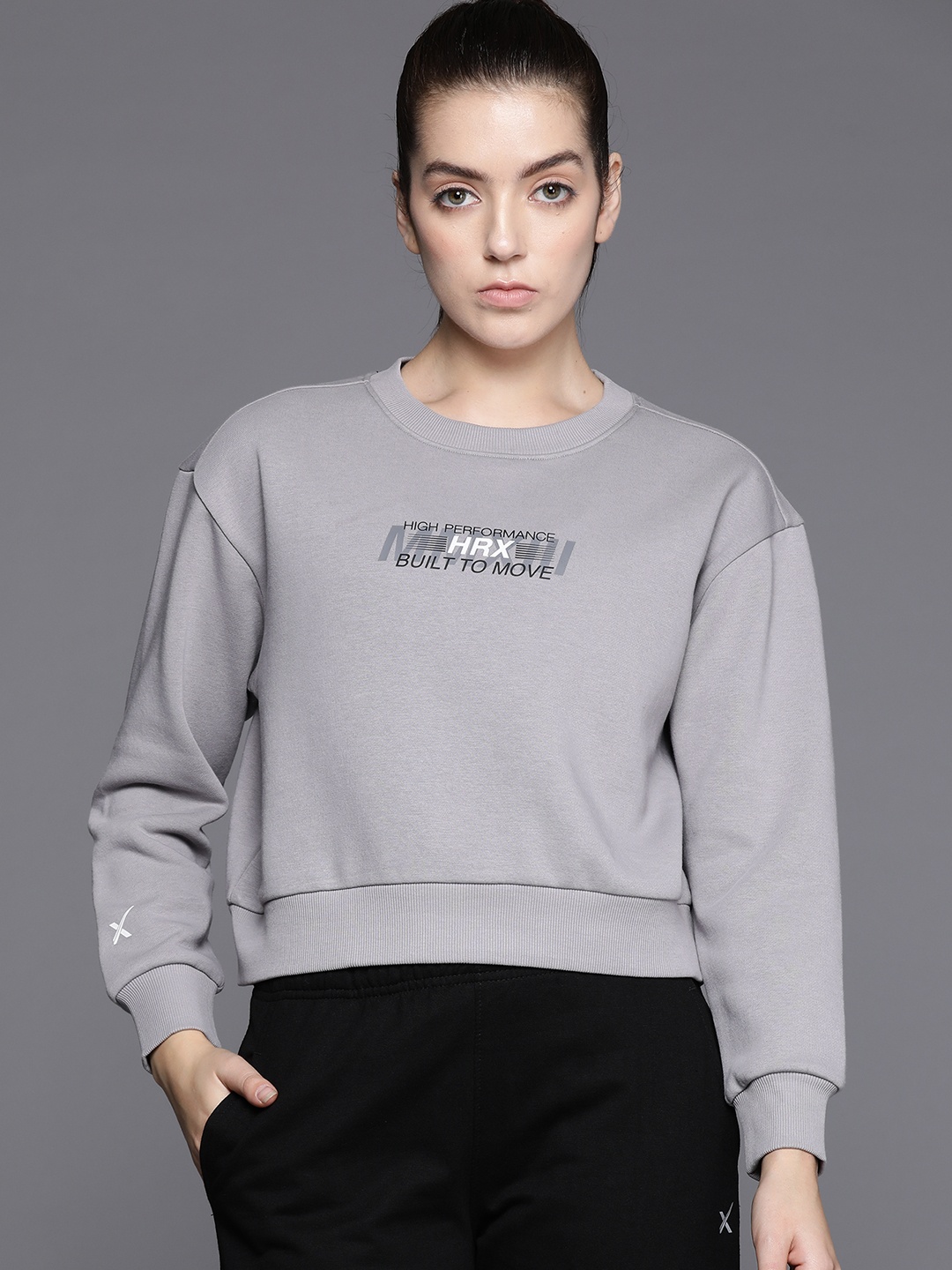 

HRX by Hrithik Roshan Printed Crop Sweatshirt, Grey