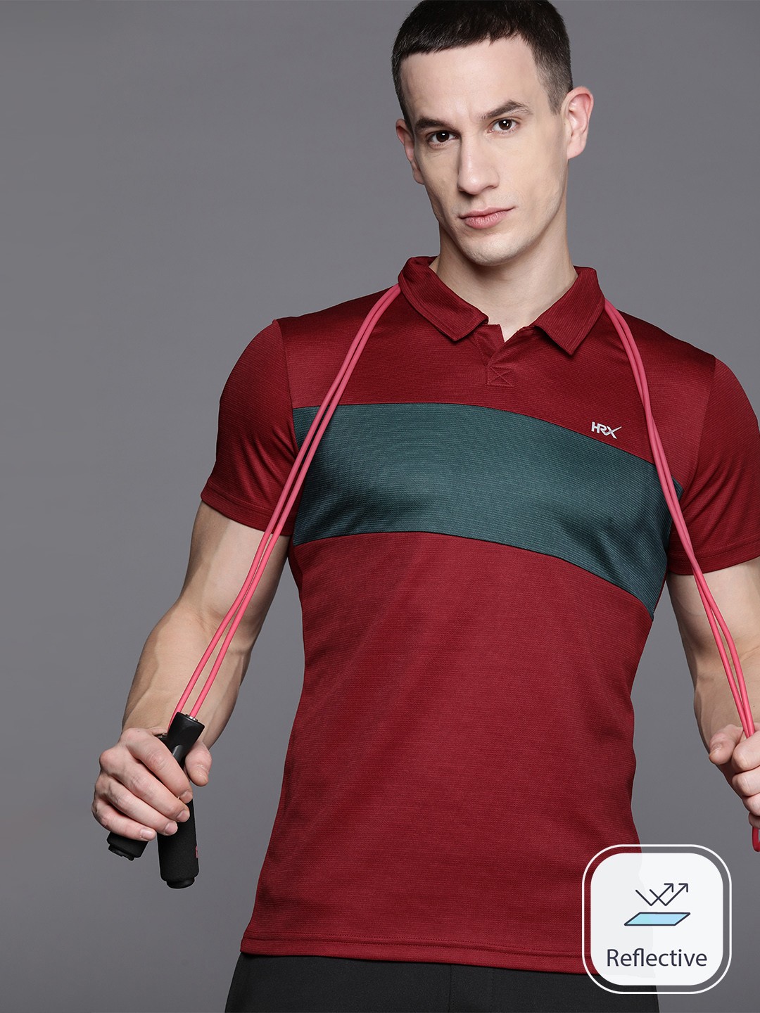 

HRX by Hrithik Roshan Men Striped Polo Collar Slim Fit T-shirt wtih Reflective Detail, Maroon
