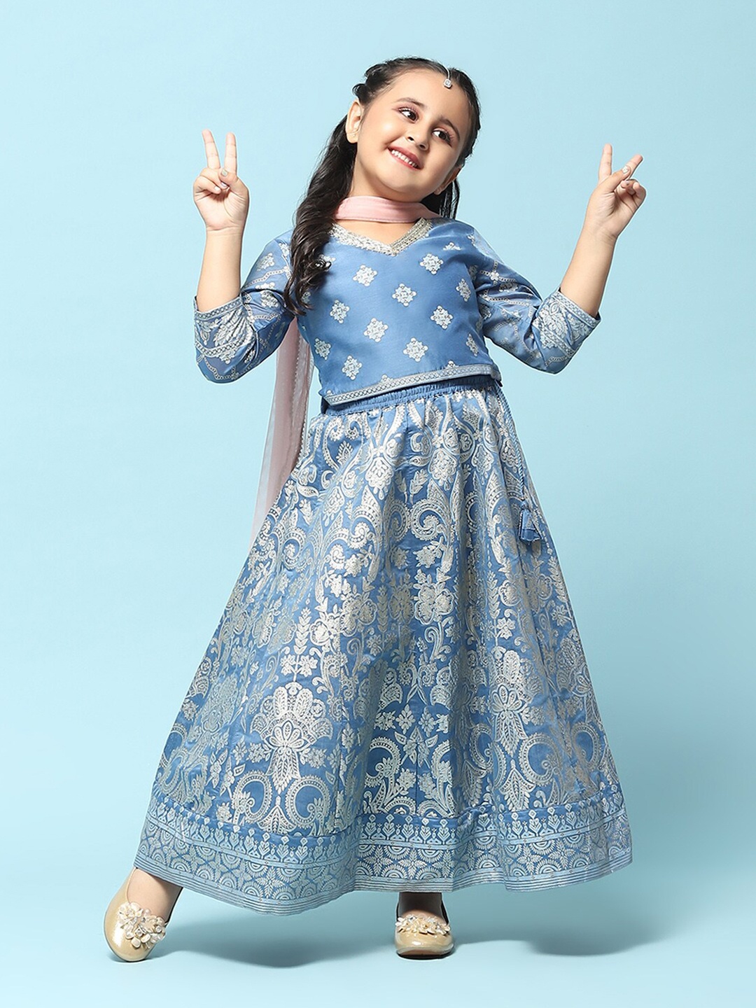 

Biba Girls Printed V-Neck Ready to Wear Lehenga & Blouse With Dupatta, Blue