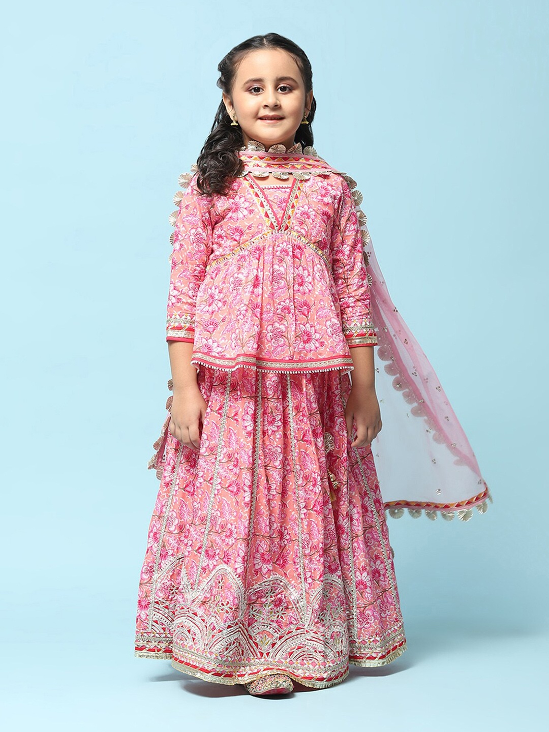 

Biba Girls Printed V-Neck Thread Work Ready to Wear Lehenga & Blouse With Dupatta, Peach