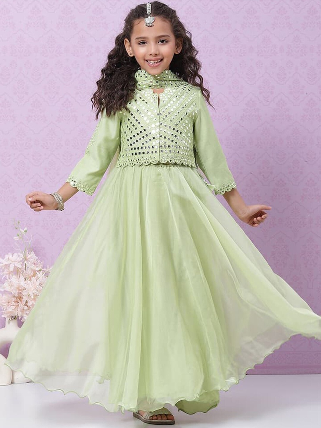 

Biba Girls Embroidered Mirror Work Ready to Wear Lehenga & Blouse With Dupatta, Green