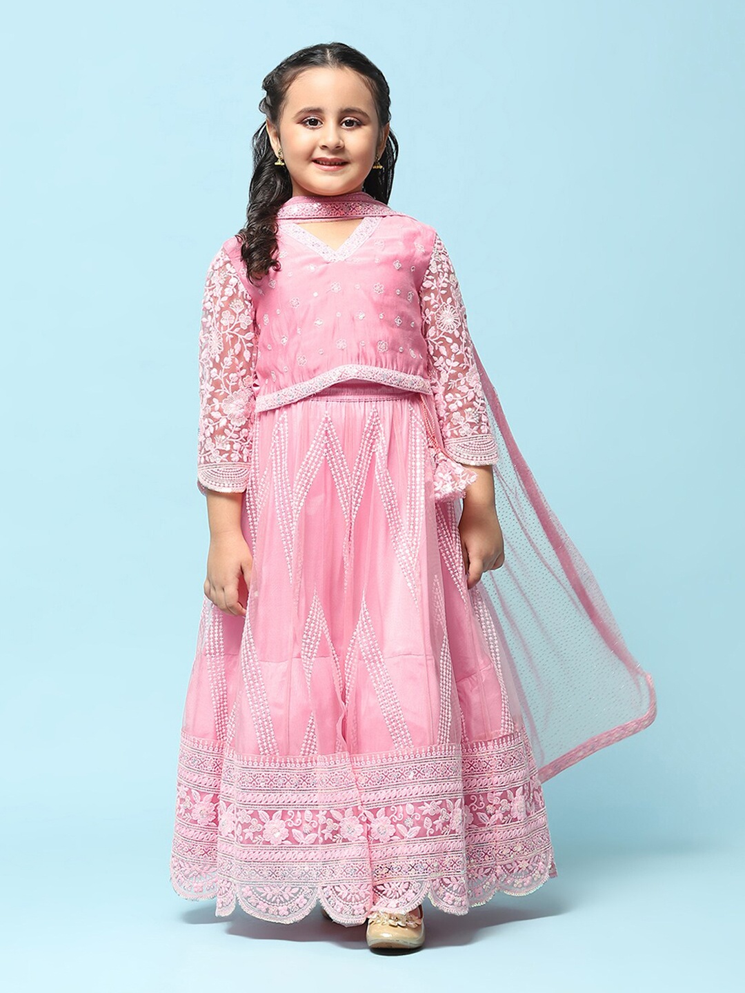 

Biba Girls V-Neck Sequinned Lehenga & Blouse With Dupatta, Pink