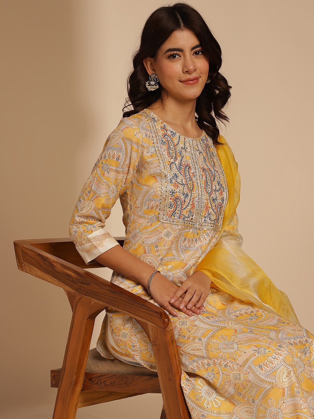 

Anouk Mustard Yellow Ethnic Motifs Printed Thread Work Kurta with Trousers & Dupatta