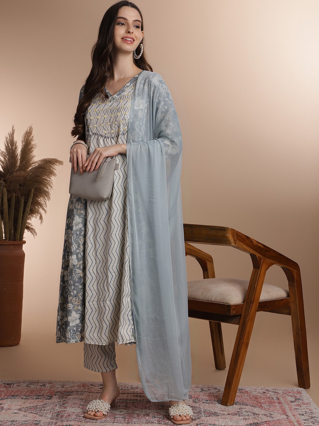 

Anouk Grey Floral Printed Mirror Work Kurta with Trousers & Dupatta