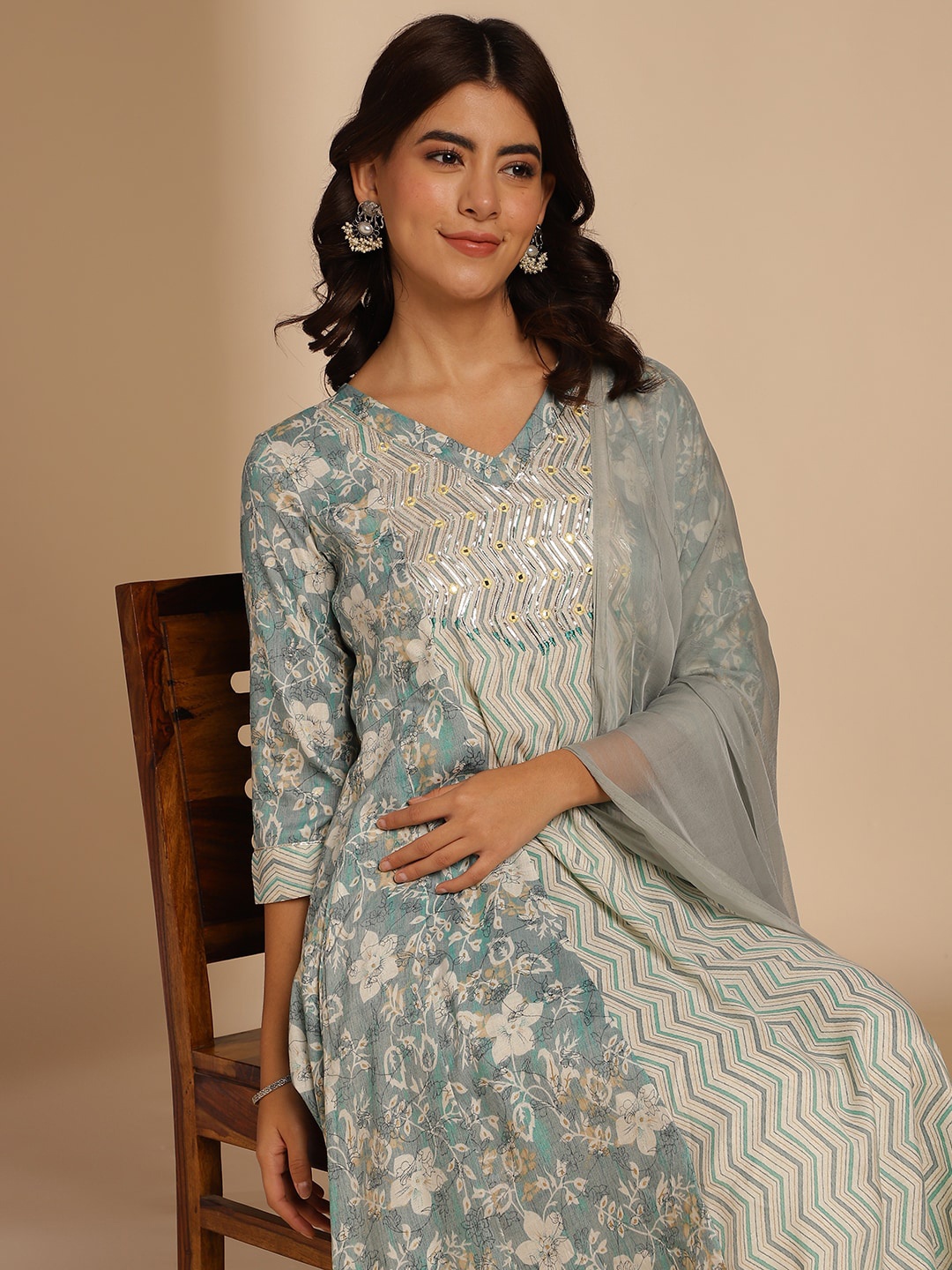 

Anouk Green Floral Printed V-Neck Mirror Work A-Line Kurta with Trouser & Dupatta