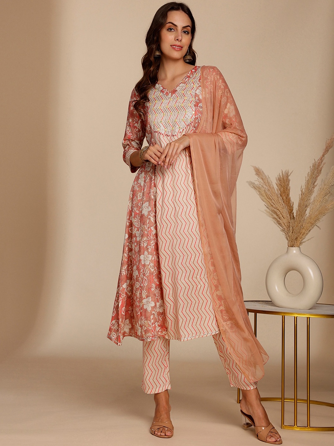 

Anouk Peach-Coloured Floral Printed V-Neck Mirror Work A-Line Kurta with Trouser & Dupatta