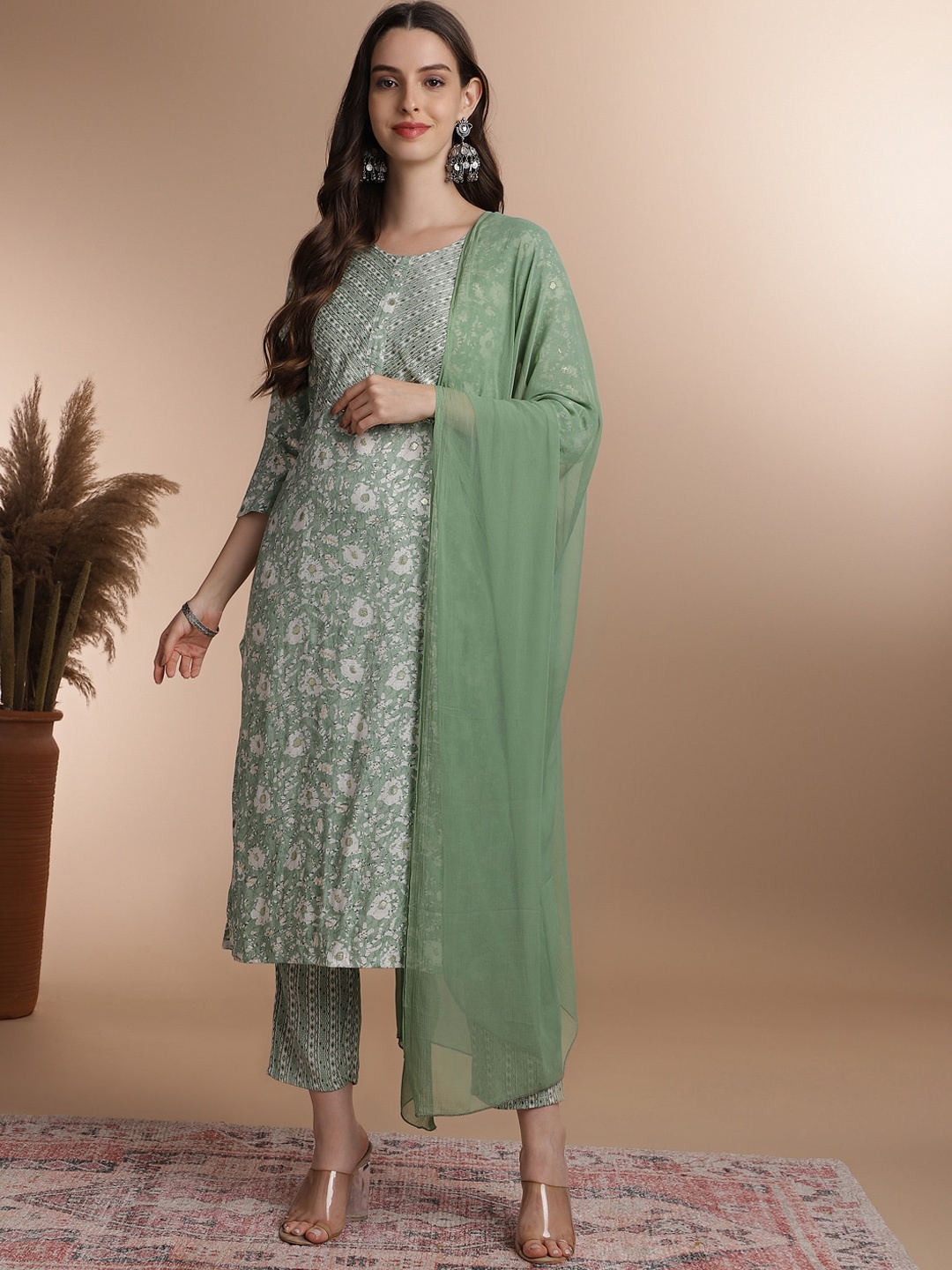 

Anouk Floral Printed Regular Thread Work Kurta With Trousers & Dupatta, Green