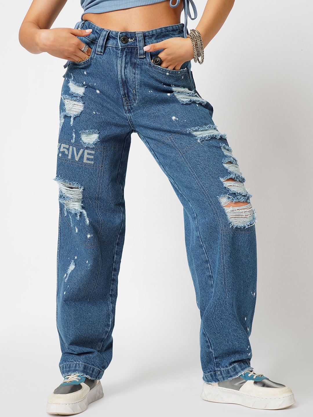 

BFIVE Women Urban Mid Rise Pure Cotton Highly Distressed Jeans, Blue