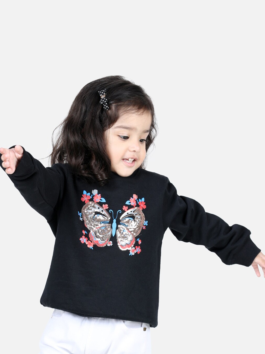 

BownBee Girls Embellished Long Sleeves Cotton Pullover, Black