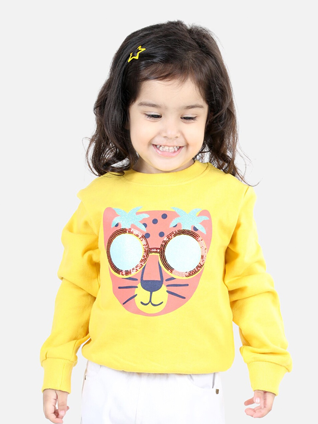 

BownBee Girls Tiger Printed Cotton Sweatshirt, Yellow