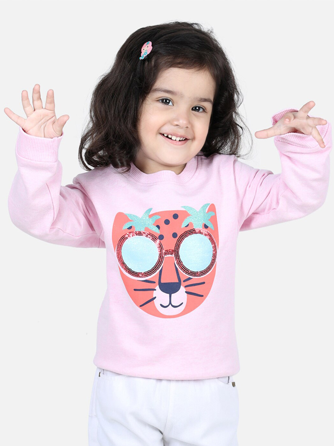 

BownBee Girls Tiger Sequinned Embellished Pullover Cotton Sweatshirt, Pink