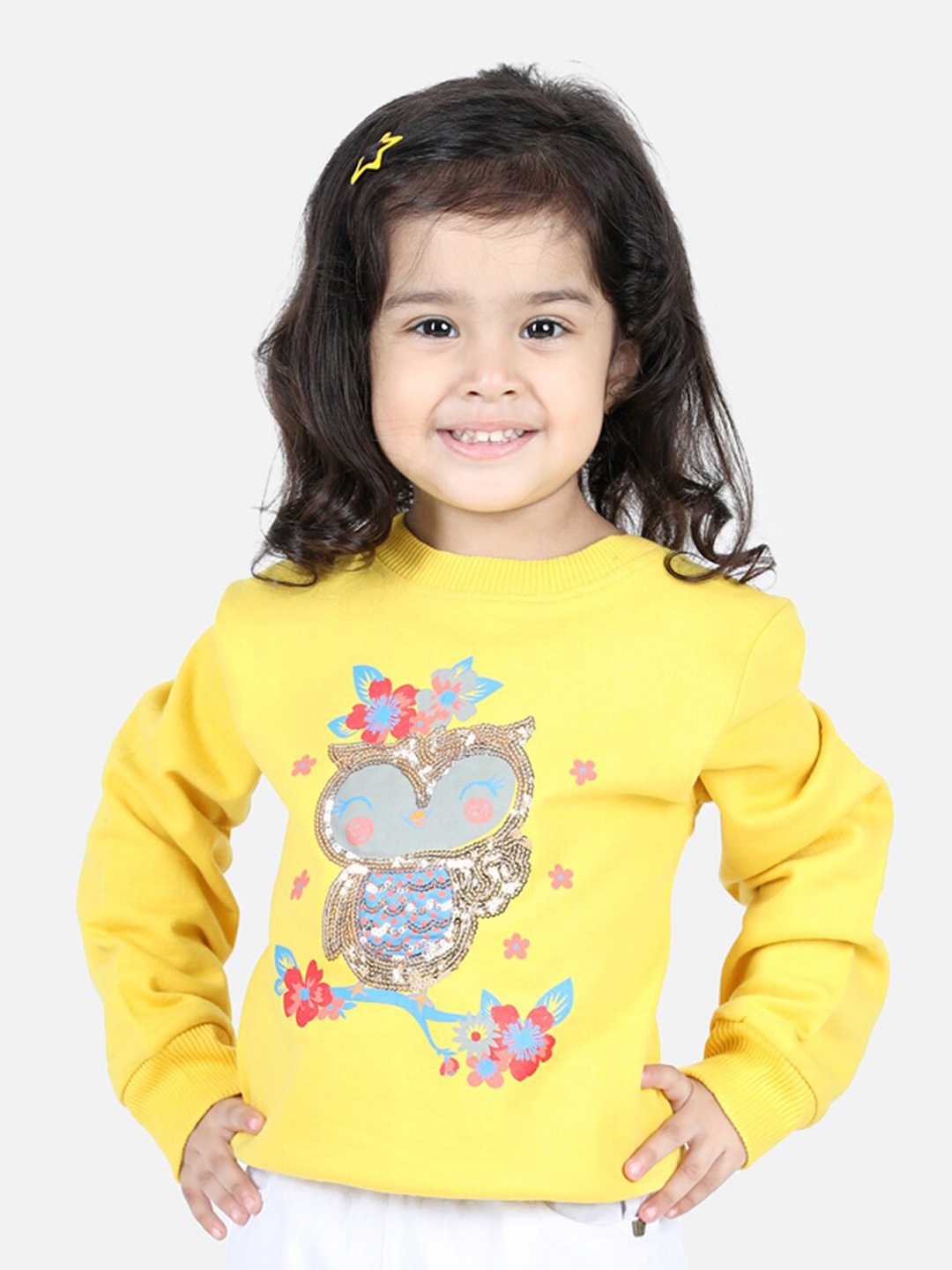 

BownBee Girls Embellished Long Sleeves Cotton Pullover, Yellow