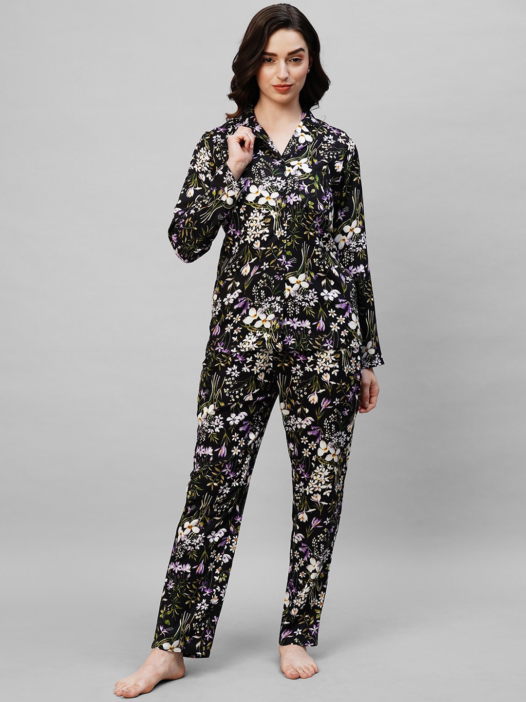 

DRAPE IN VOGUE Black Floral Printed Pure Cotton Night suit