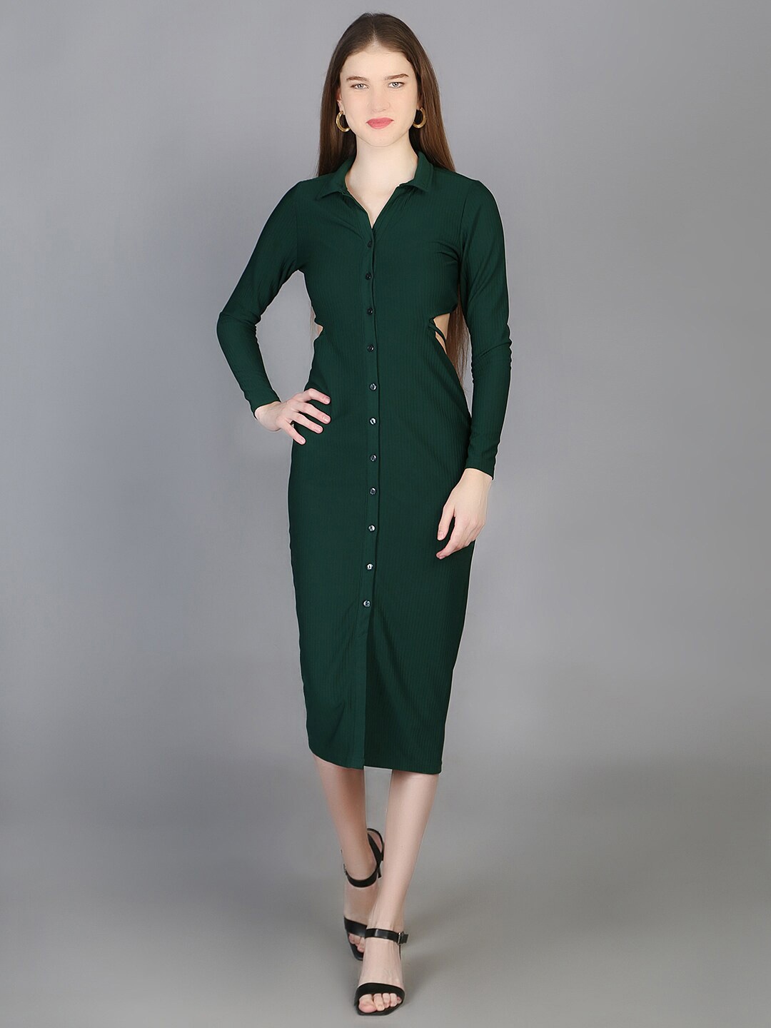 

Chemistry Ribbed Shirt Style Midi Dress, Green