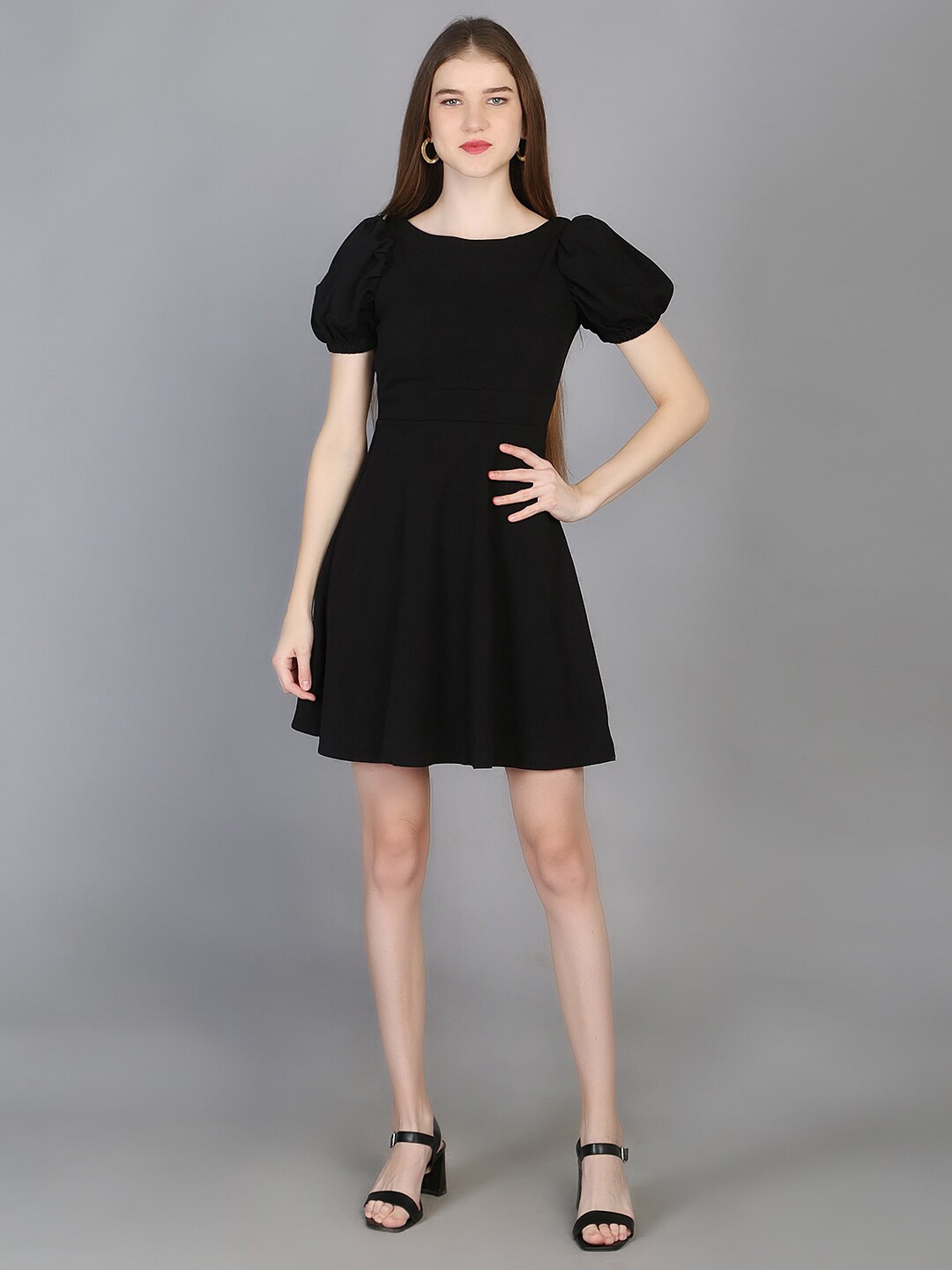 

Chemistry Puff Sleeves Fit and Flare Dress, Black