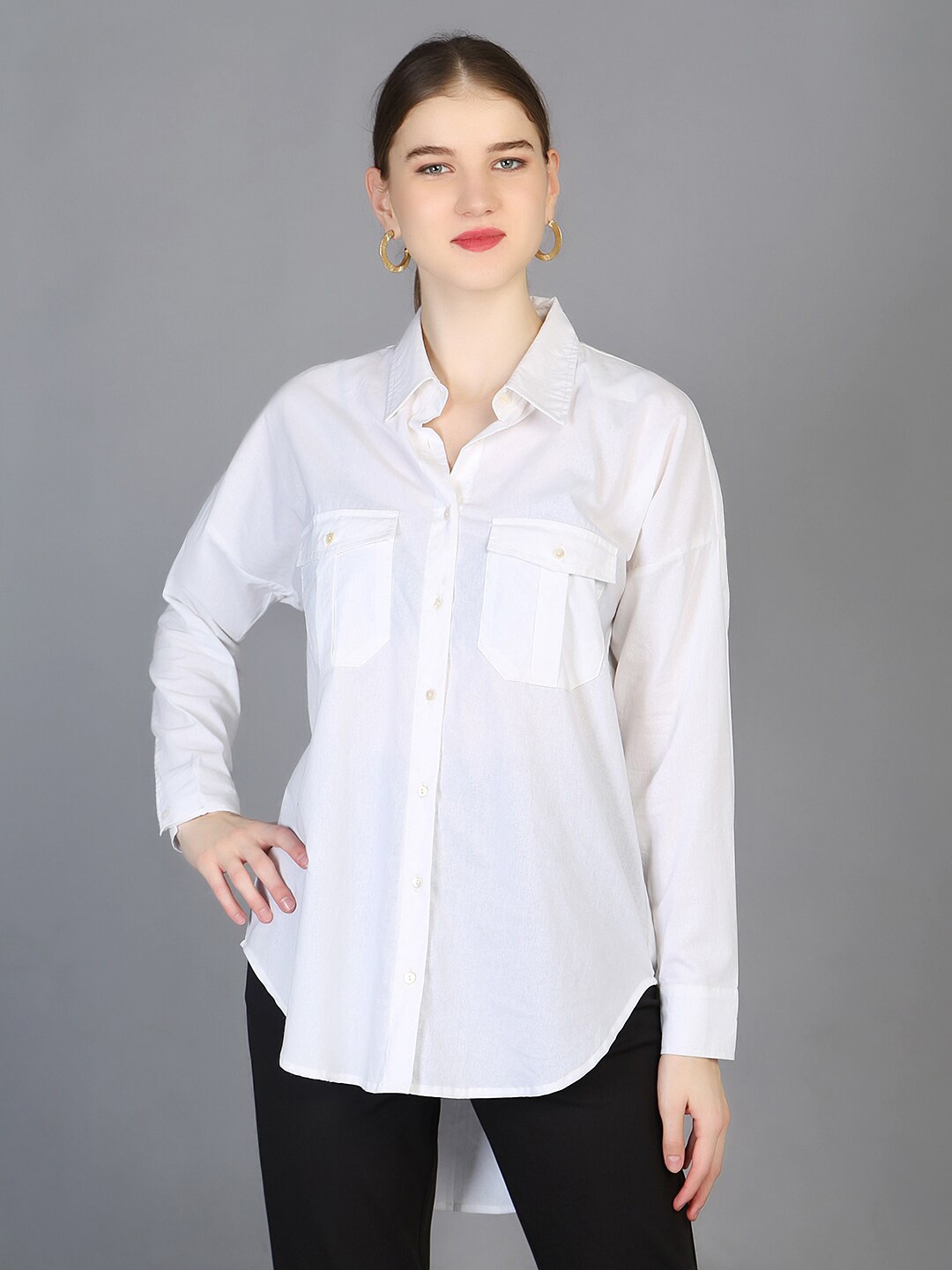 

Chemistry Spread Collar High-Low Cotton Shirt, Off white