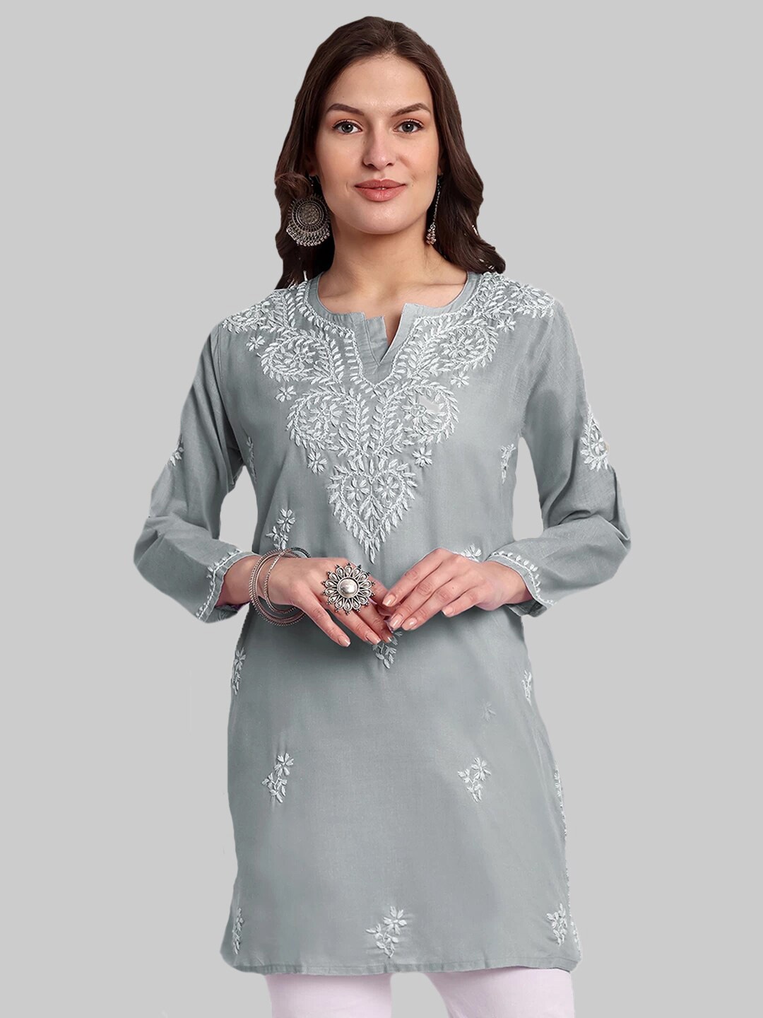 

ADA Ethnic Motifs Embroidered Lucknowi Chikankari Pure Cotton Kurti, Grey
