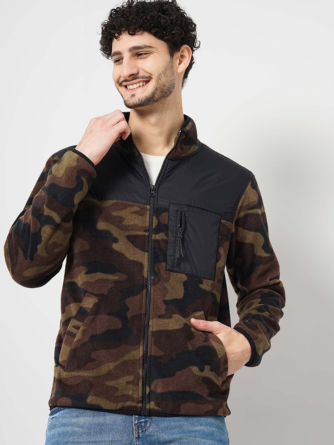 

Celio Camouflage Printed Open Font Jacket, Brown