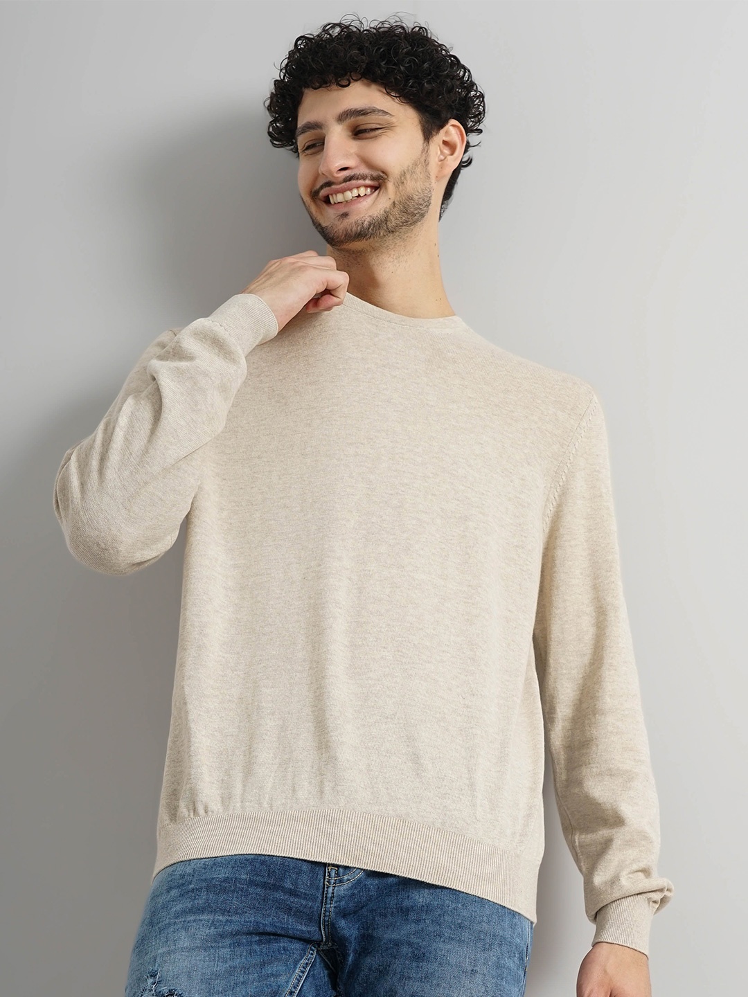 

Celio Round Neck Long Sleeves Cotton Pullover, Beige
