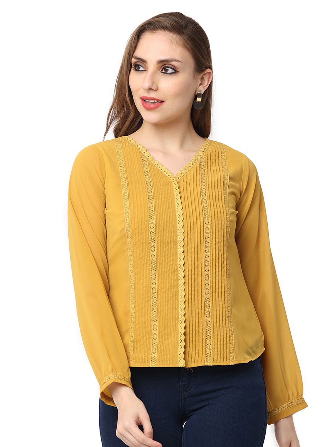 

GLORY & I Smart Self Design V-Neck Pin Tucks Georgette Shirt, Mustard