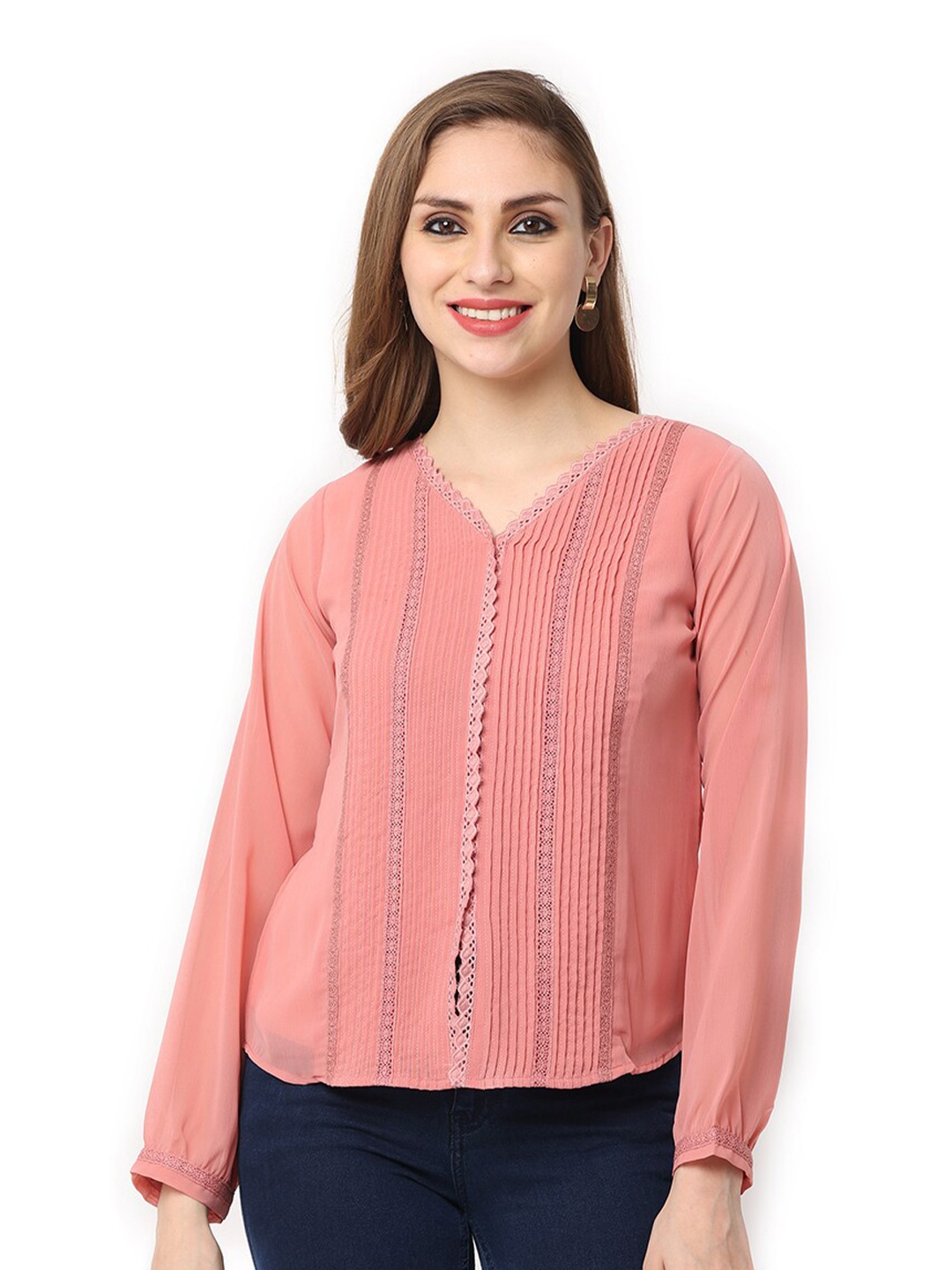 

GLORY & I Smart Self Design V-Neck Pin Tucks Georgette Shirt, Pink