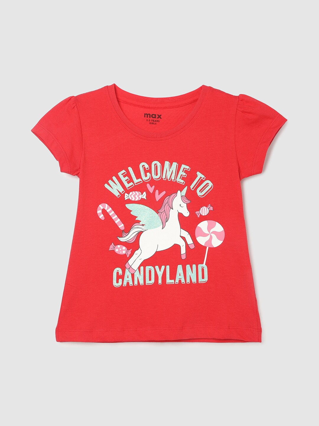 

max Girls Printed Cotton T-shirt, Red