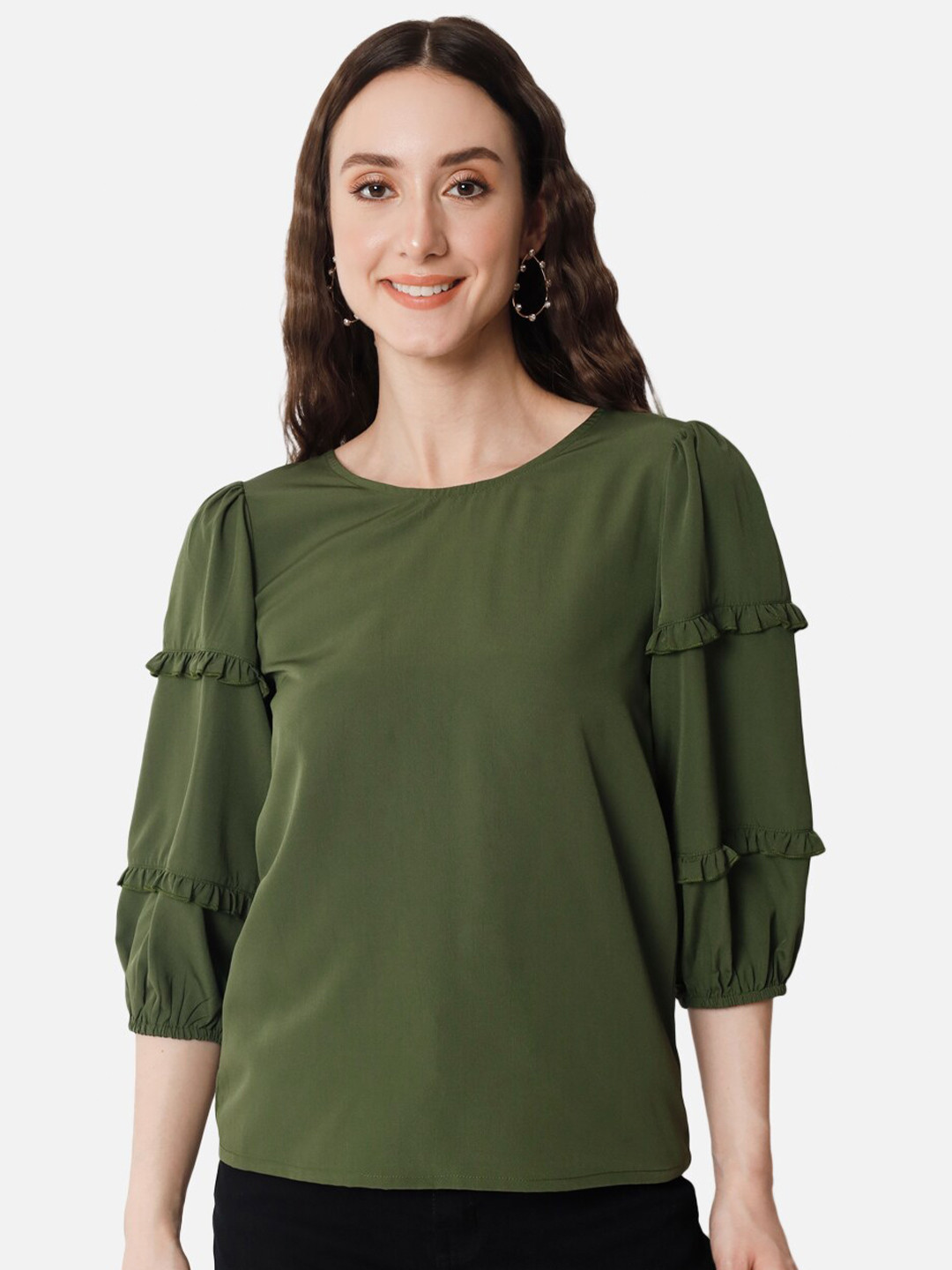 

BAESD Round Neck Puff Sleeves Top, Olive
