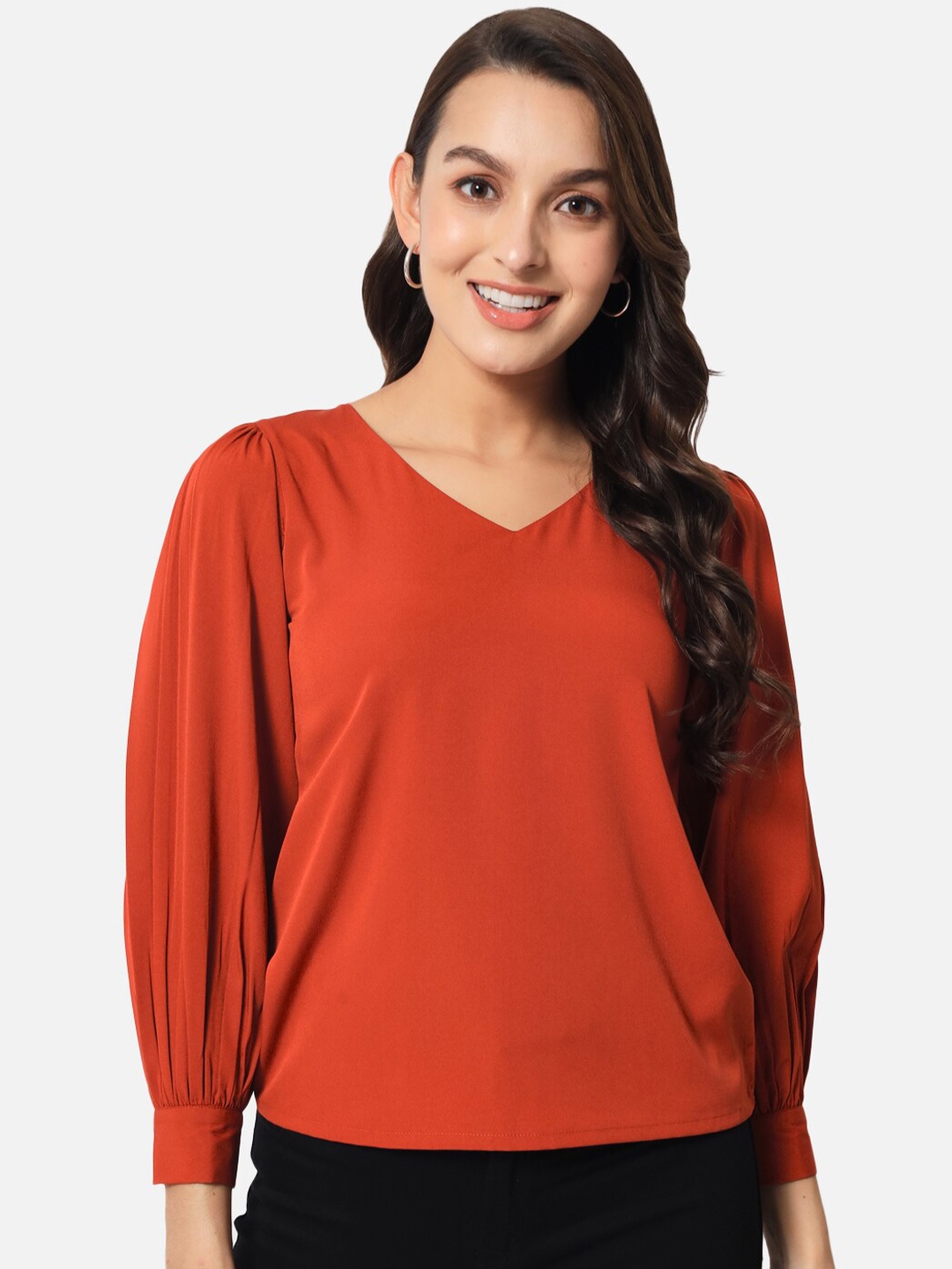 

BAESD V-Neck Cuffed Sleeves Top, Orange