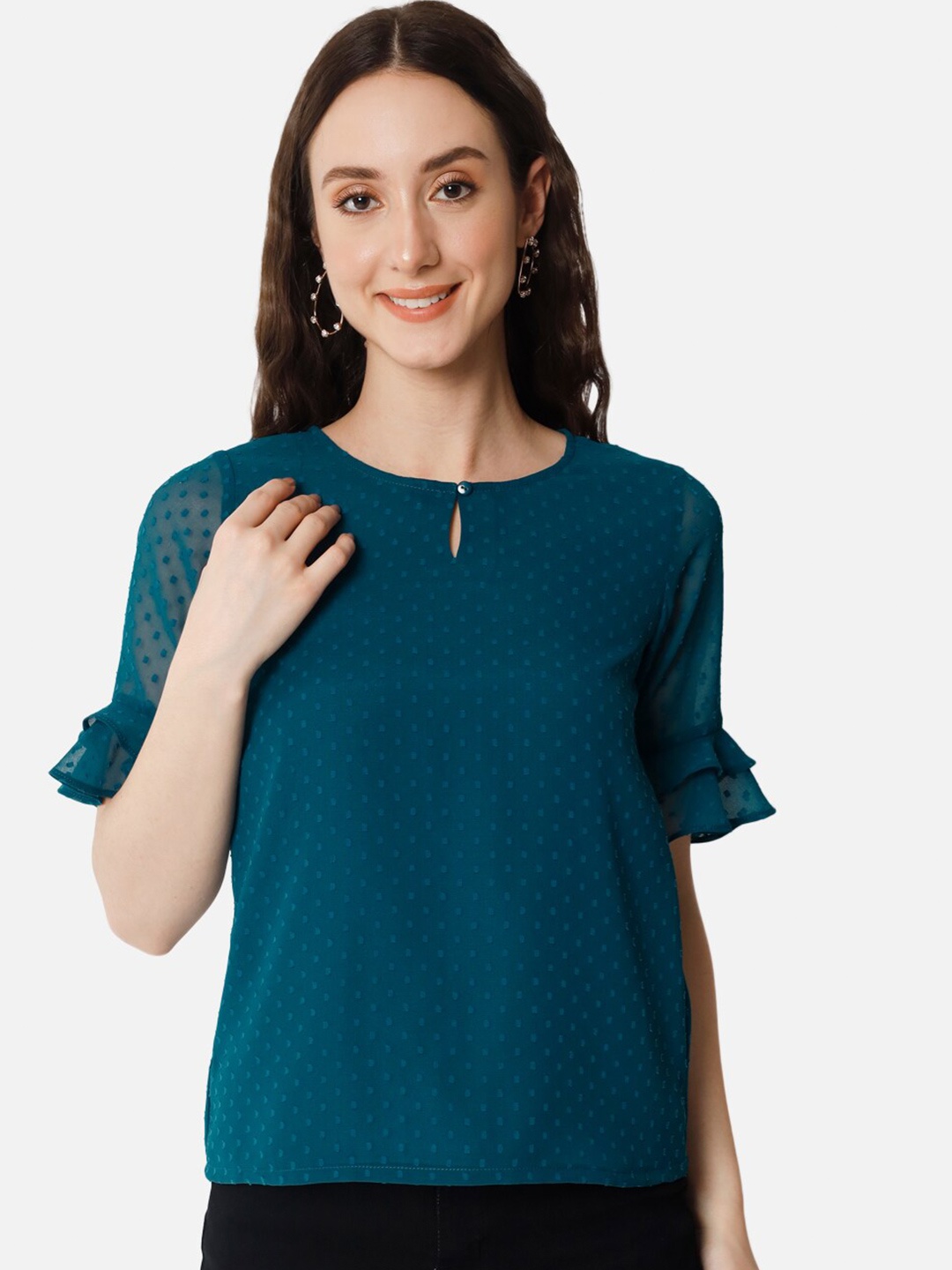 

BAESD Self Design Keyhole Neck Bell Sleeve Top, Blue