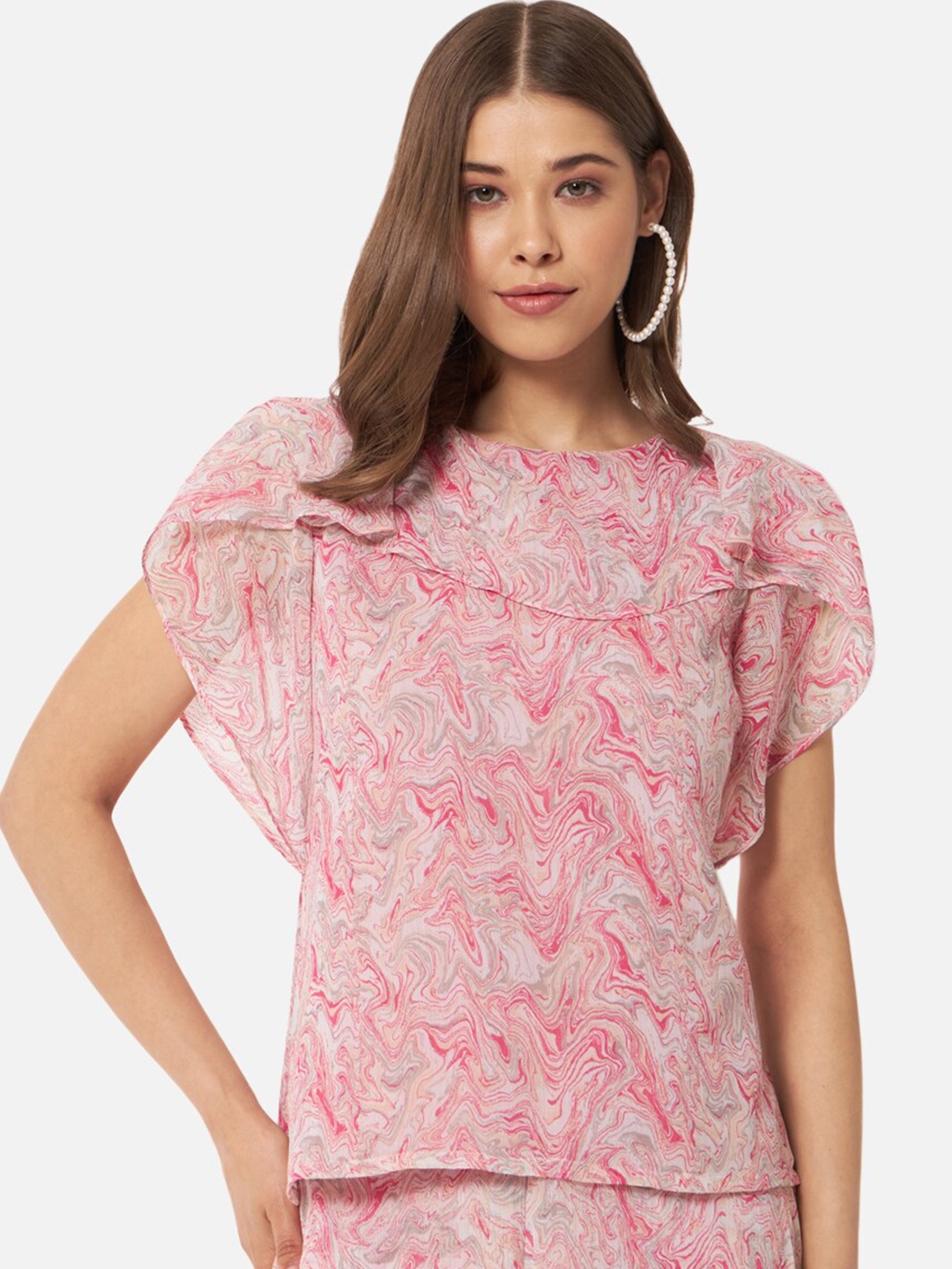 

BAESD Abstract Printed Ruffles Georgette Top, Pink