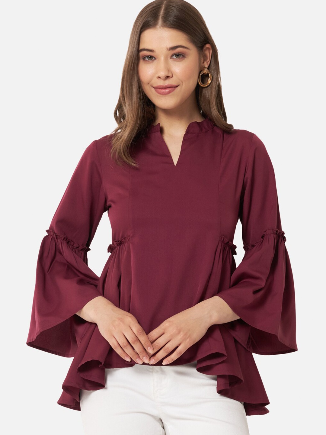 

BAESD Maroon Mandarin Collar Bell Sleeve A-Line Top